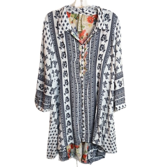 Aratta Blue and White 3/4 Sleeve Notched Collar Blouse Johnny Was Vibes - Picture 1 of 11